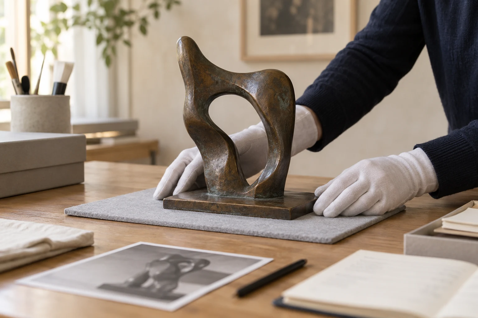 Gloved hands steady a bronze sculpture beside condition paperwork and a reference photograph.