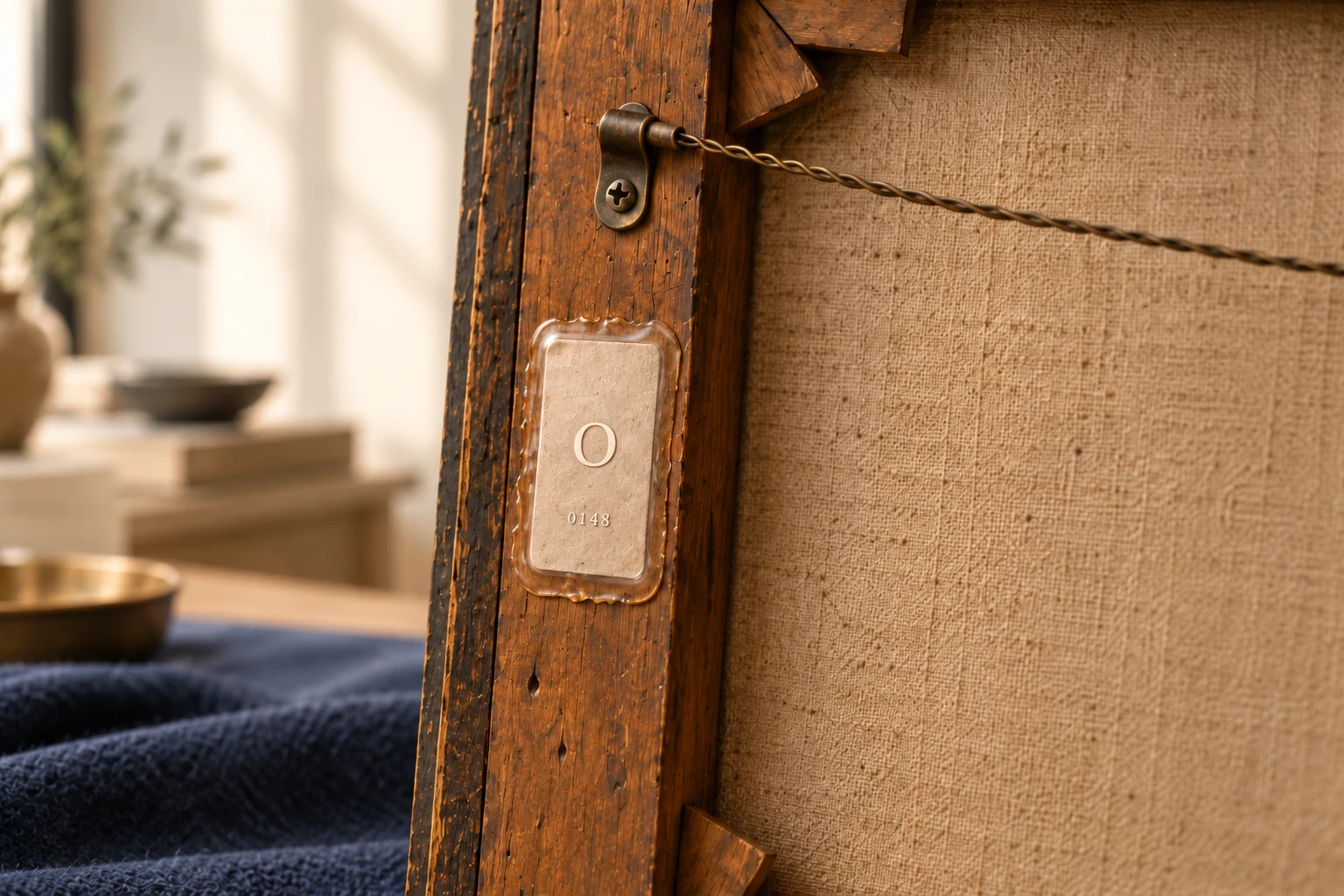 An ivory O on an Outlast tag attached to the back of a wooden artwork frame.